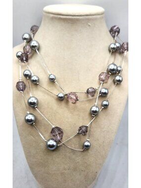 Floating Gray Bead & Crystal Multistrand Necklace